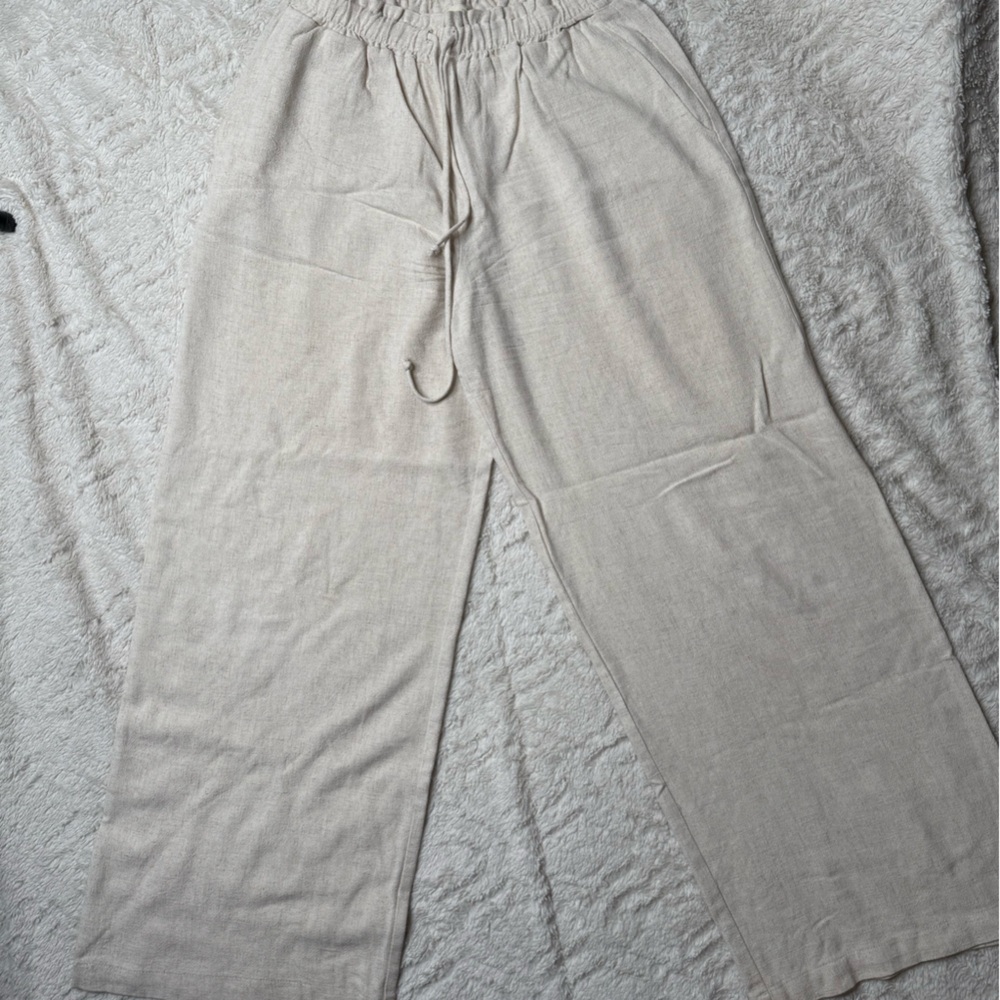 Beige Wide-Leg Linen Pants